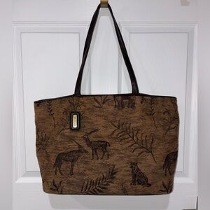Vintage 90s Woodland Animal Tapestry Tote Bag Brown Rustic Cabin Large